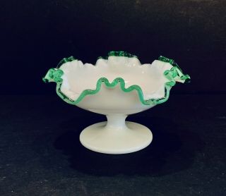 Fenton Emerald Green Crest Milk Glass Bowl Vase Compote Vintage Scalloped Ruffle