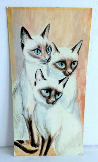 Vintage R.  F.  Harnett Siamese Cats Lithograph On Cardboard 1970s