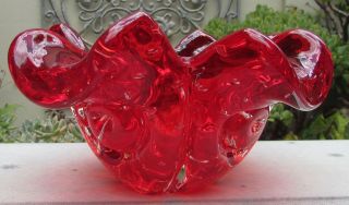 Stunning Vintage Murano Art Glass Dish Ashtray Red Controlled Bubbles