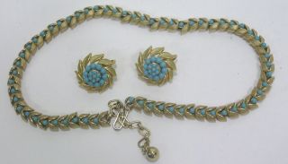 Vtg Jewelry Signed Trifari Necklace Earrings Faux Turquoise Beads Goldtone