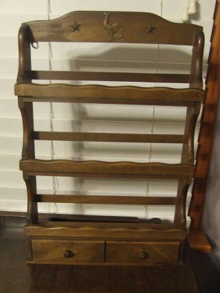 Vintage Wooden Spice Rack 3 Tier With Rooster & Star Accent
