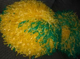 Vintage Cheerleader Pom Poms 1980s Large Pompom Pair Green,  Yellow 2 - Tone