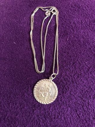 Vintage Sterling Silver St.  Christopher Pendant & 18”chain Necklace