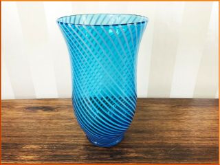Vintage 30cm Large Murano Glass Blue Sommerso White Candy Stripe Vase Hand Blown