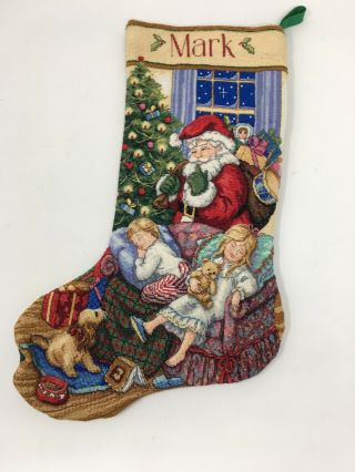 Vtg Completed Needlepoint Christmas Stocking Santa & Kids 17 " Personalized Mark