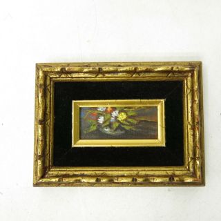 Vintage Miniature Floral Still Life Oil Painting Gold Gilt Ornate Frame 7.  5x5.  5
