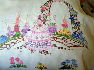 Gorgeous Vintage Hand Embroidered Tablecloth Crinoline Lady Arch 40.  5 X 41.  5 "