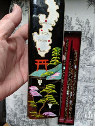 Vintage Hand - Painted Okinawan Chopstick Box Lacquer,  With Mother Of Pearl Inlay