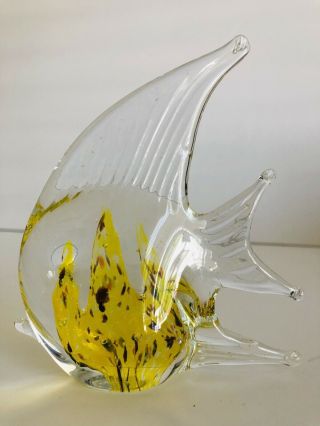 Vintage Hand Blown Art Glass Clear With Yellow Angel Fish Figurine 5 "