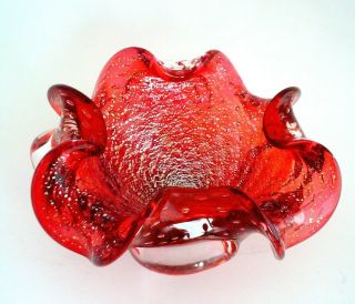 Vintage Murano Art Glass Dish Cranberry Red With Silver Inclusions