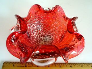 Vintage Murano Art Glass Dish Cranberry Red with Silver Inclusions 5