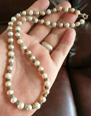 Stunning Vintage Jewellery Crafted Pink & White Real Pearl Silver Necklace