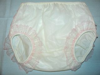 Vintage White Pink Ruffles Rubber Waterproof Baby Pants Diaper Cover Small 2
