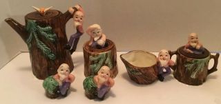 Vintage Japan Elf Gnome Tea Set Pitcher Sugar Creamer Salt Pepper Pixie Rare