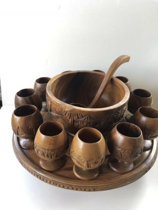 Vintage Tiki Wood Carved Punch Bowl Set - Tray,  Bowl,  Ladle,  And 11 Cups