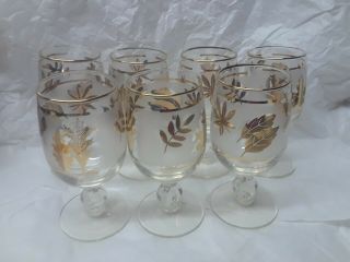 7 Vintage Libbey Mcm Frosted Gold Leaf Wine Glasses / Water Goblets Hard To Find