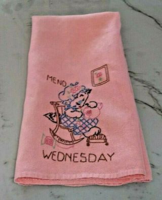 Vintage Hand Embroidered Kitten Mend On Wednesday Pink Kitchen Tea Towel