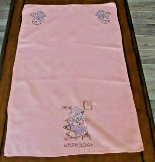 Vintage Hand Embroidered Kitten Mend on Wednesday Pink Kitchen Tea Towel 2