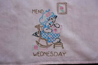 Vintage Hand Embroidered Kitten Mend on Wednesday Pink Kitchen Tea Towel 4