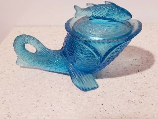 Vtg Blue Kemple Glass Sawtooth Dolphin Condiment/candy Dish W/fish Lid