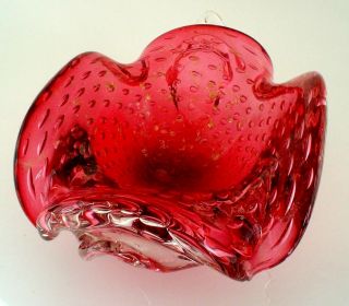Vintage Murano Art Glass Dish Cranberry Controlled Bubbles And Gold Inclusions