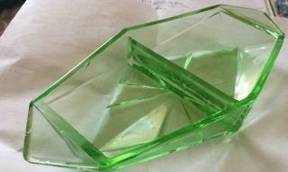 Vtg Depression Green Vaseline Glass Divided Oval Relish Dish