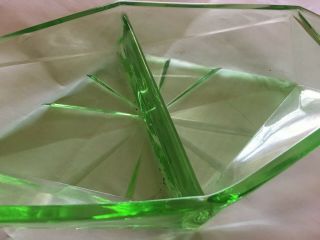 VTG DEPRESSION GREEN VASELINE GLASS DIVIDED OVAL RELISH DISH 3