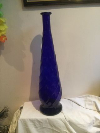 Xl Vintage Mid - Century Italian Blue Glass Spiral Genie Bottle Made In Italy