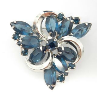 Spiral Art Deco Blue Open Back Rhinestone Star - Burst 1.  75 " Silver Vtg Pin Brooch