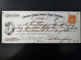 Vintage 1870 Check - Chicago Union Stock Yard Station - W/ Stamp