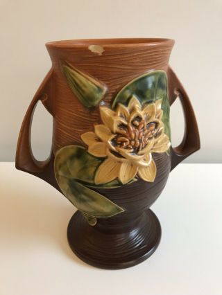 Vintage Roseville Pottery Water Lily 9 " Brown Handled Vase - Chip In Rim