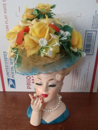 Vintage National Potteries Napco C3307 Lady Head Vase Blond Blue Hat Pearls