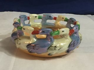 Vintage Lusterware Bird Candy Dish Hand Painted Iridescent Circle Geese Bowl