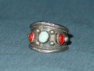 Vintage Navajo Native American Turquoise Coral Sterling Silver Ring Old 11.  5