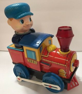 Vintage 1968 Tin Toy Train Conductor Battery Op Action Lights & Sounds
