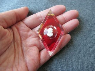 Vintage White Plastic Portrait Woman Cameo Inlaid Red & Clear Lucite Pendant