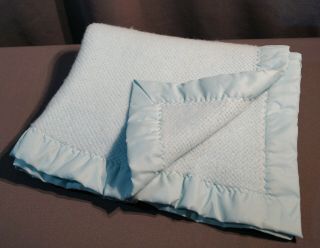 Vintage Pastel Blue 100 Acrylic Thermal Baby Blanket With Satin Trim 35 " X 50 "