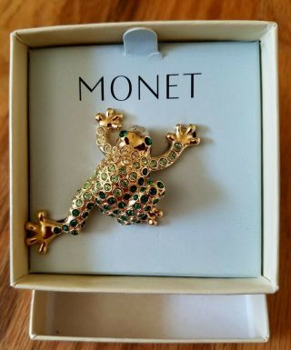 Signed Monet Vintage Frog Brooch Pin Gold Tone Emerald Green Rhinestone N48 Box