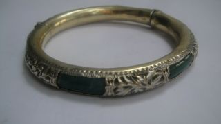 Vintage Chinese Silver Jadeite Jade? Green Stone Floral Hinged Bangle Bracelet