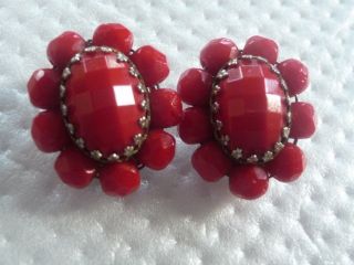 Vintage Red Lucite Clip On Earrings 1960 