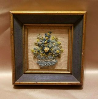 Lovely Small Framed Needlepoint With Yarn Of Basket Of Flowers Vintage