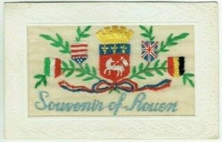Ww1 Embroidered Silk Postcard Rouen Town Crest France Vintage 1914 - 1918