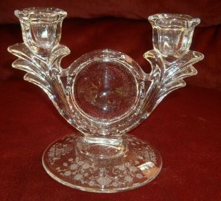 Vintage 6 " Clear Etched Glass Double Candlestick