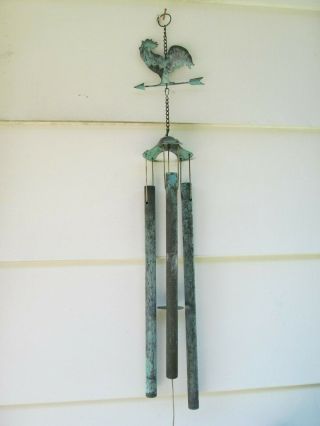 Vintage Bronze 3 Tube Wind Chime Rooster Weather Vane