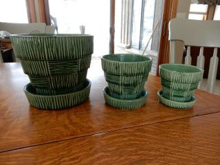 3 Vintage Mccoy Basket Weave Flower Pots With Attached Saucers Different Sizes