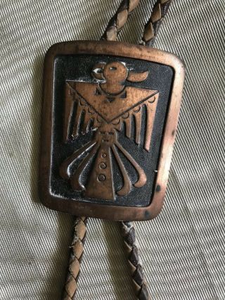 Vintage Solid Copper Thunderbird Bolo Tie Bell Braided Leather
