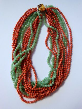 Vintage Jade And Coral Multi Strand Beaded Choker Necklace