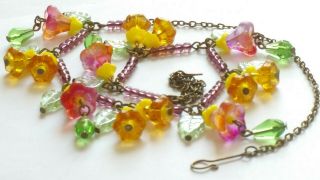 Czech Bi Colour And Yellow Flower Glass Bead Necklace Vintage Deco Style