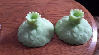 Vintage Fenton Lime Green Satin Glass Candle Holders Water Lily