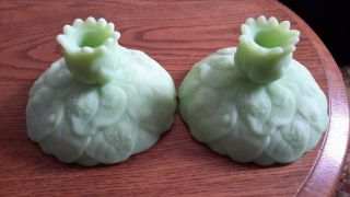 VINTAGE FENTON LIME GREEN SATIN GLASS CANDLE HOLDERS WATER LILY 2